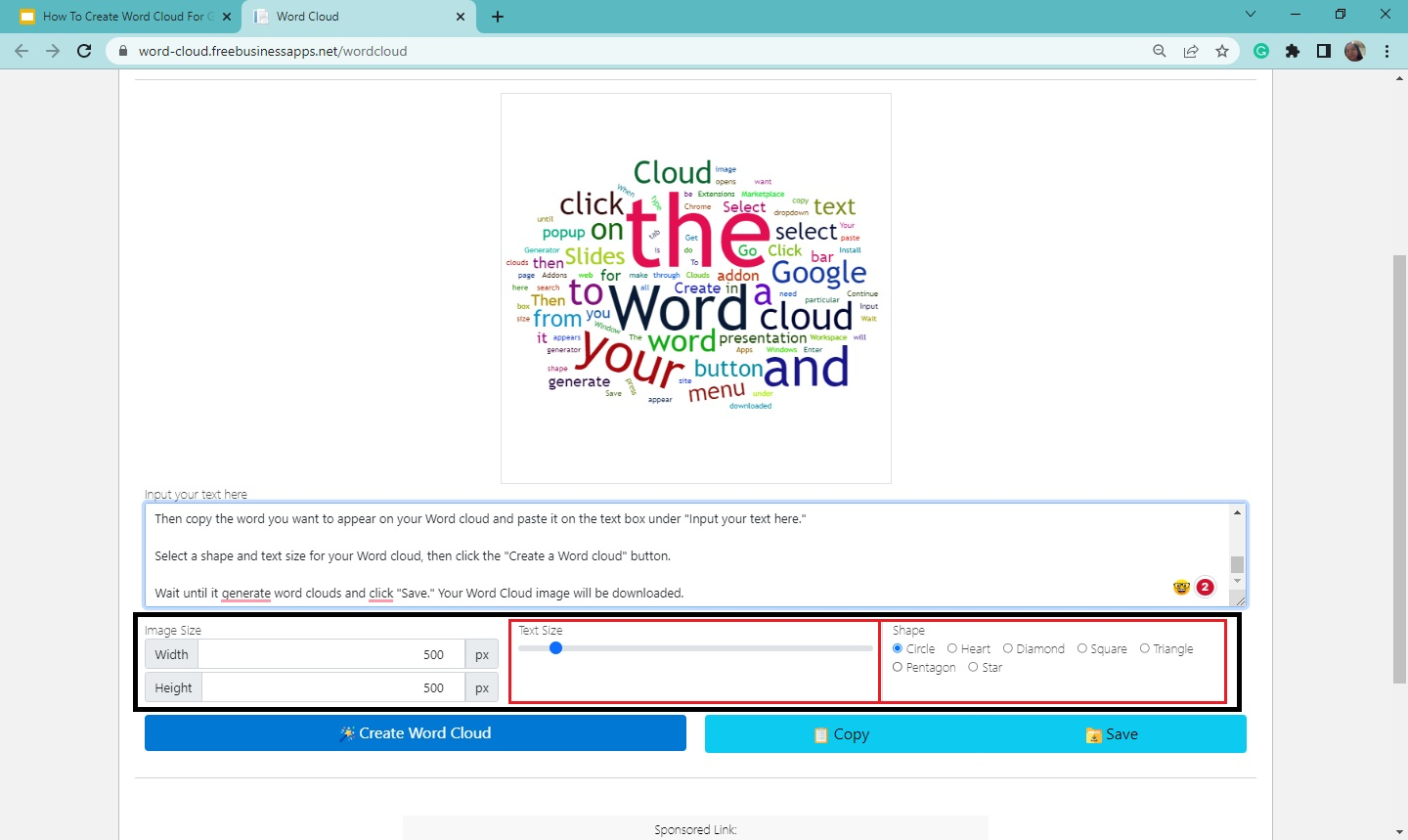 Then select a specific shape and text size for your word cloud.