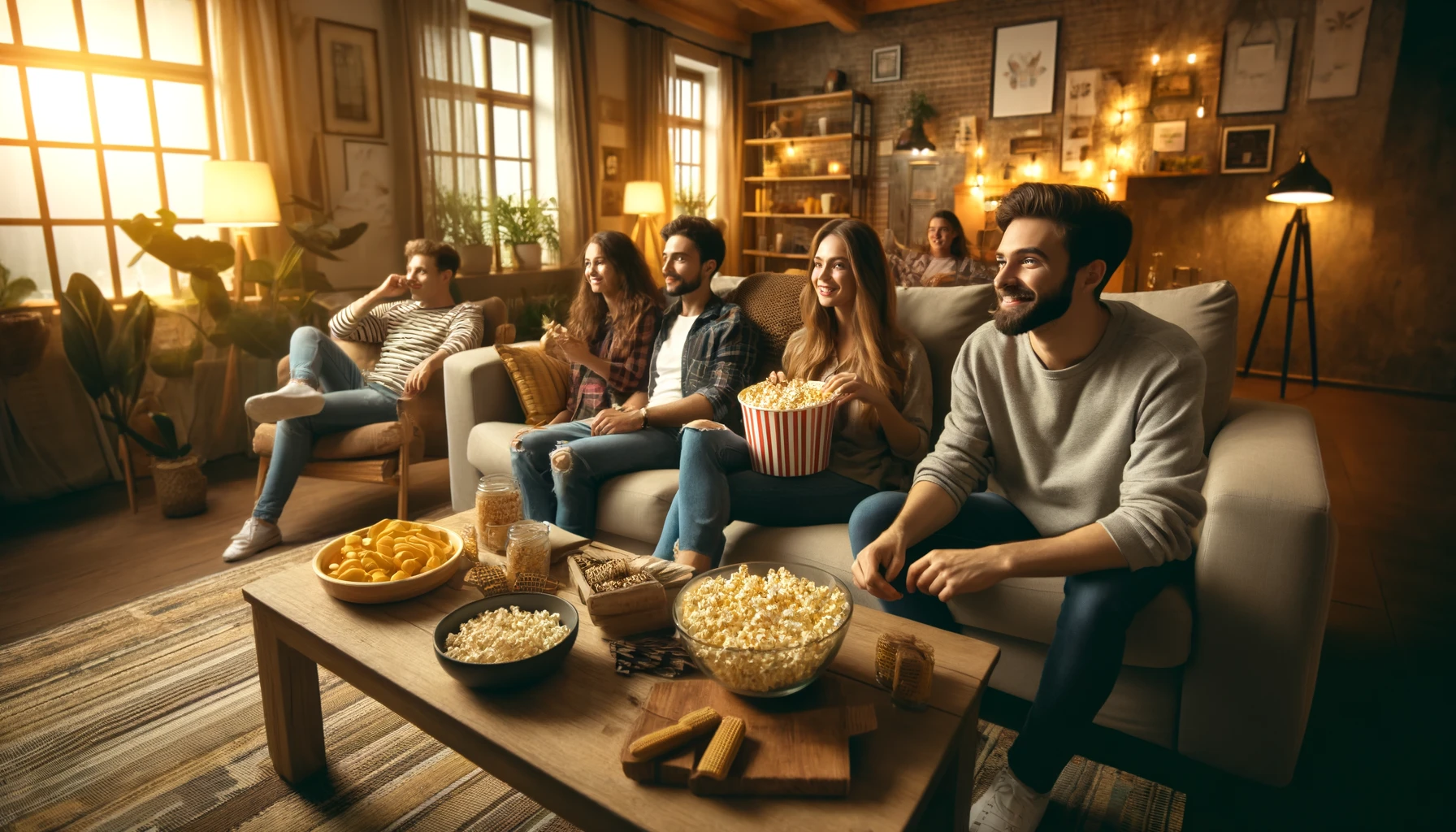 A cozy living room with a group of friends enjoying a movie night