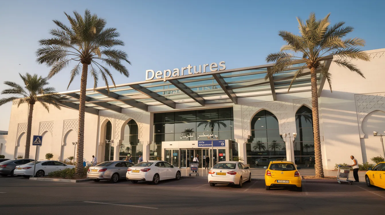 The image showcases the exterior of a modern Moroccan airport terminal, surrounded by palm trees and featuring parked cars in the foreground, highlighting the convenience of car rental options for travelers arriving in Morocco. This vibrant setting is ideal for those looking to explore the country with various car rental services available nearby.
