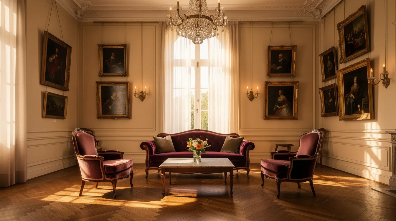 L'immagine ritrae un elegante interno di una stanza adornata con dipinti classici esposti sulle pareti, che mostrano stili d'arte tradizionali invitando gli spettatori a esplorare e apprezzare l'arte. L'atmosfera calda e l'arredamento sofisticato creano un ambiente perfetto per trovare ispirazione e portare l'arte nella tua casa.