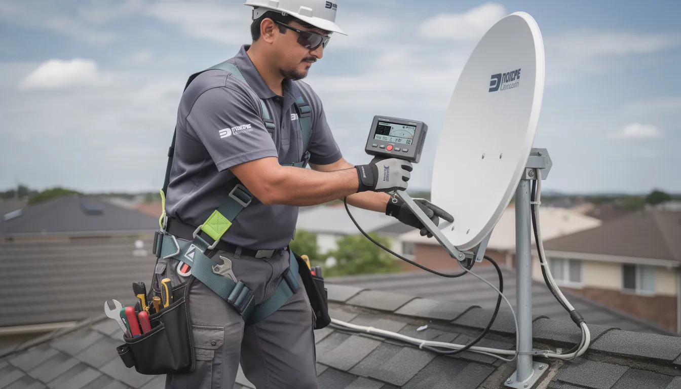 A technician is adjusting a satellite dish using a professional signal meter to ensure optimal signal reception for DSTV services. This image highlights the importance of expert installation and fine-tuning in achieving the best performance for DSTV installations in Constantia.