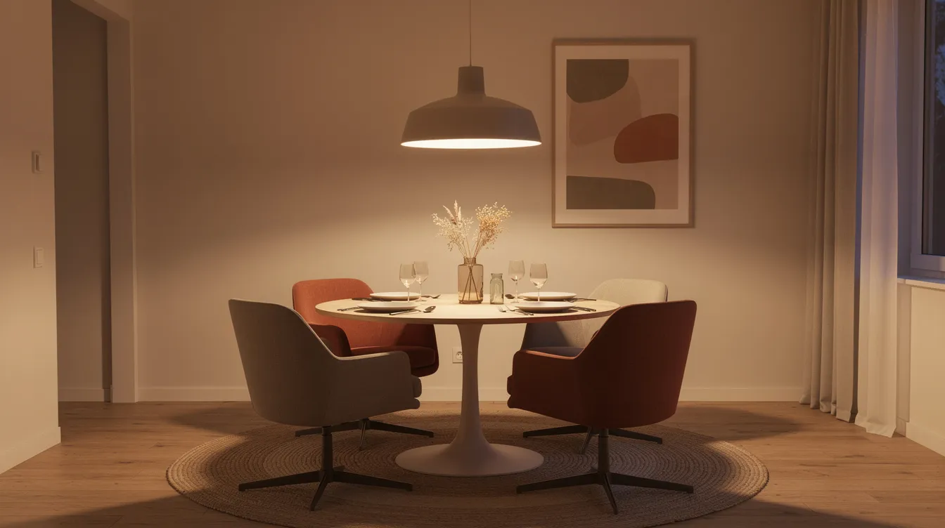 Een sfeervolle eethoek met een gedekte tafel en draaibare eetkamerstoelen in aardekleuren, verlicht door een stijlvolle hanglamp. De draaibare stoelen bieden extra comfort en zijn een perfecte aanvulling op het moderne interieur.