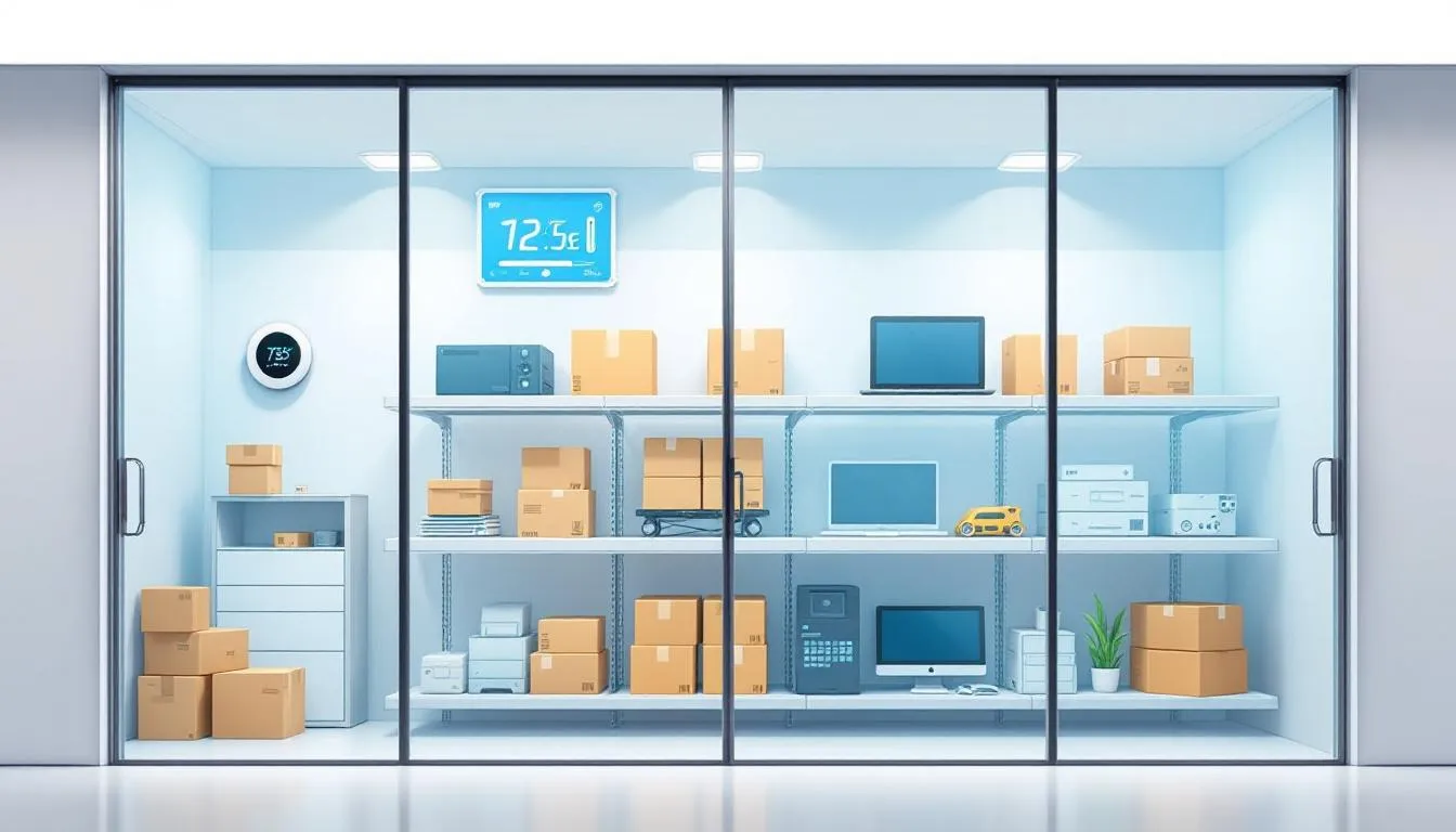 A well-organized climate-controlled storage unit with various items stored safely, ideal for sensitive belongings.