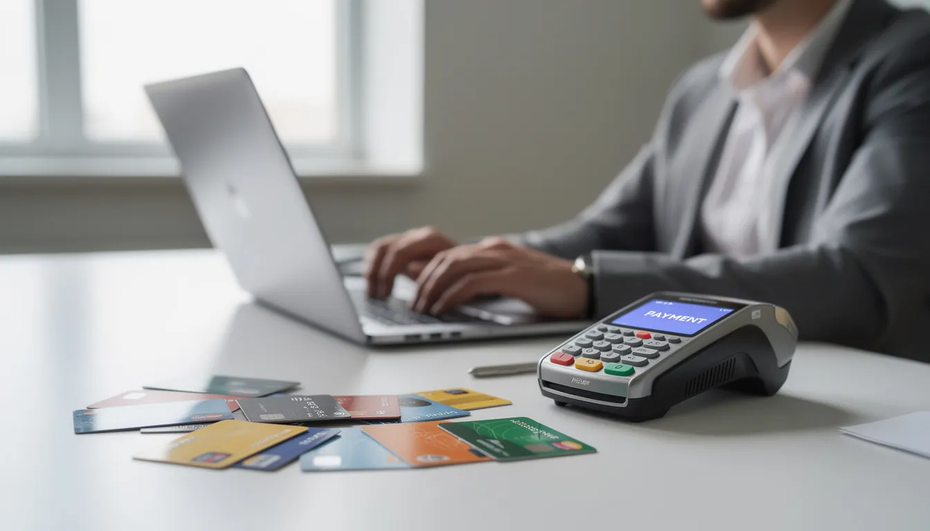 A person is seated at a desk working on a laptop, surrounded by various credit and debit cards, along with a payment terminal. This scene illustrates the use of different payment methods, highlighting the importance of managing payment information for online transactions.