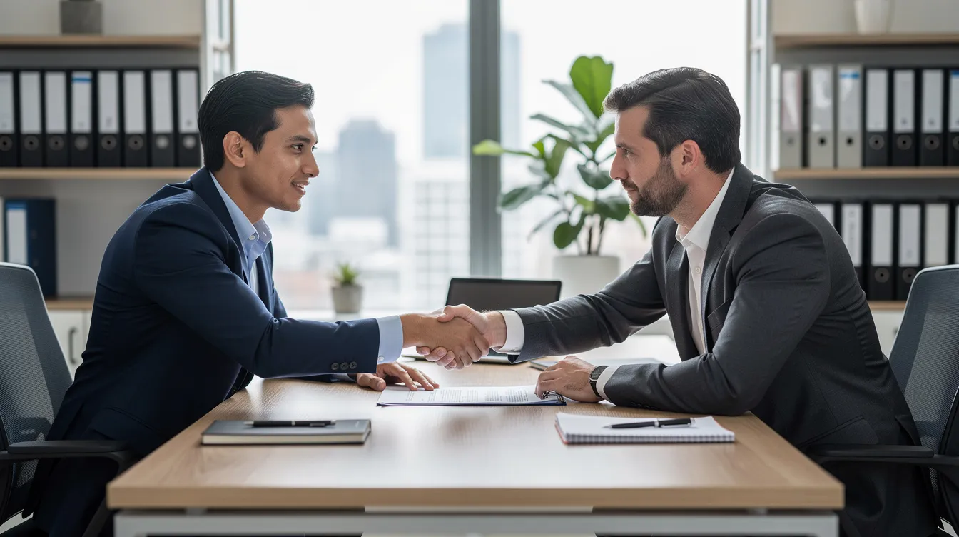In an office setting, two professionals are engaged in a discussion as they review paperwork and shake hands across a desk, symbolizing a successful agreement in real estate investing. The scene reflects a moment of collaboration and trust, essential for navigating contracts and funding in the world of flipping houses.