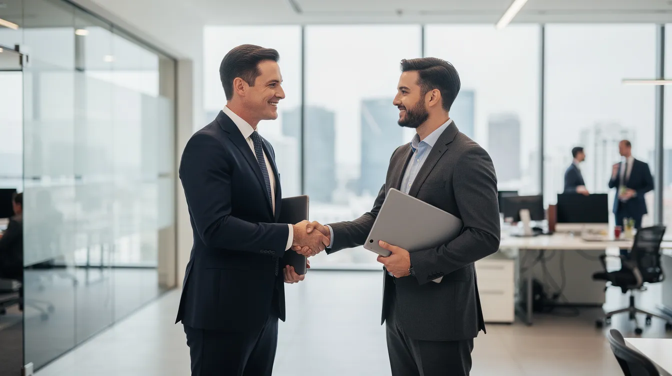 The image features two professionals in business attire shaking hands in a sleek, modern office environment, symbolizing a successful agreement or collaboration. This setting reflects the importance of navigating complex matters such as inheritance tax in Spain, where understanding Spanish inheritance laws can be crucial for effective financial planning.
