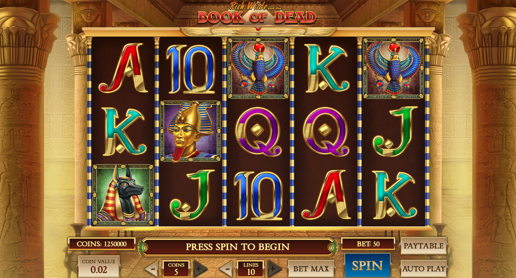 Book of Dead online slot showing reels, paylines and game controls