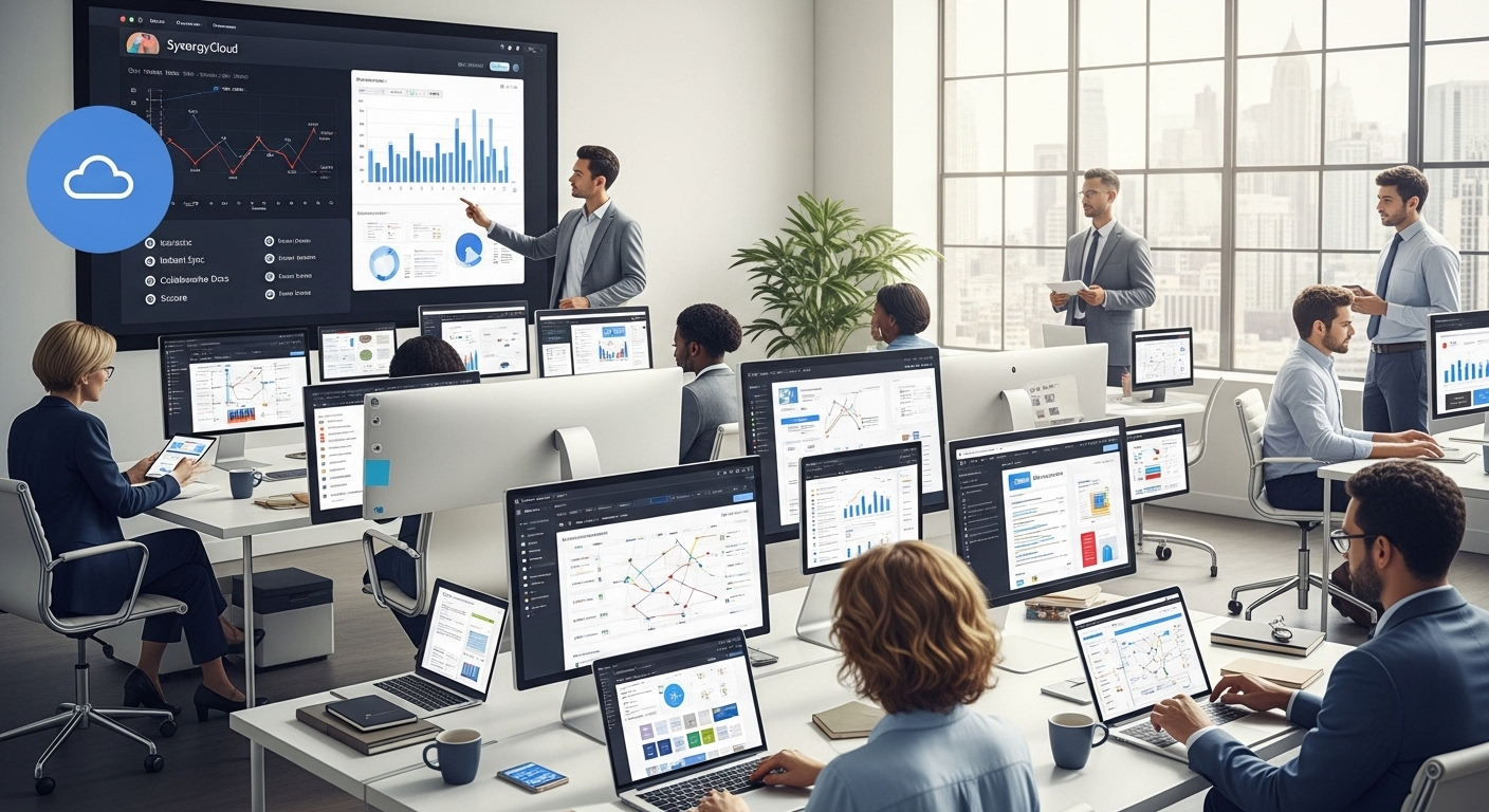 Modern office team working efficiently with seamless cloud access and productivity tools.