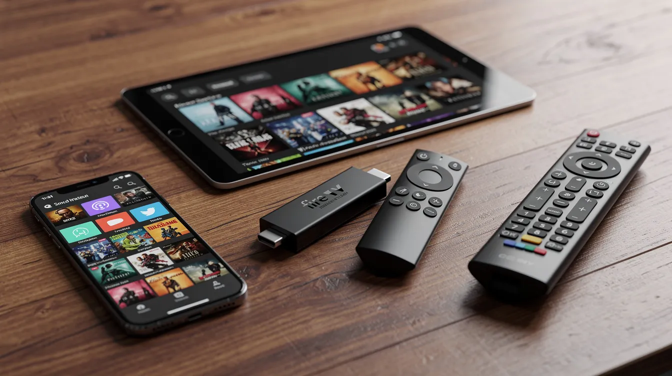 The image features a collection of streaming devices on a wooden table, including a Fire TV Stick, a smartphone, a tablet, and a TV remote control, showcasing the variety of options available for accessing IPTV services and streaming live TV channels. This setup highlights the convenience of using different devices to enjoy on-demand content and live channels from various IPTV providers.