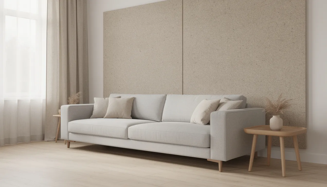 Een moderne woonkamer met een beige vilt paneel dat achter een lichtgrijze bank is geplaatst. De ruimte heeft een warme uitstraling door de houten bijzettafel en linnen gordijnen in natuurlijke tinten.