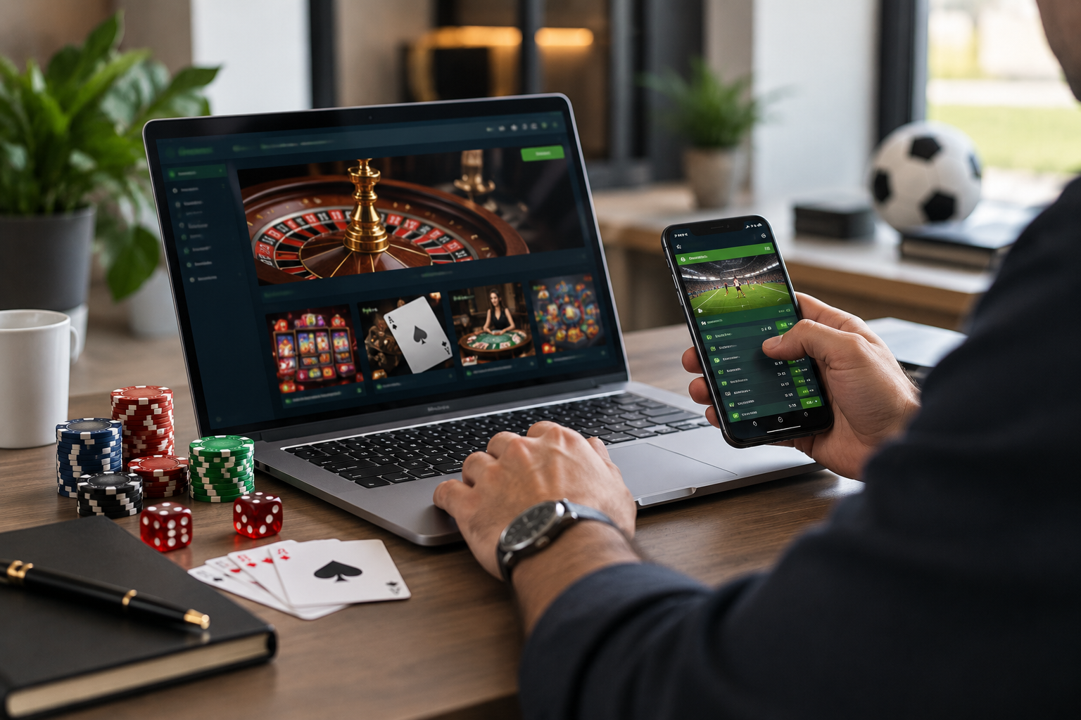 Person reviewing online casino games and sports betting activity on a laptop and mobile device.