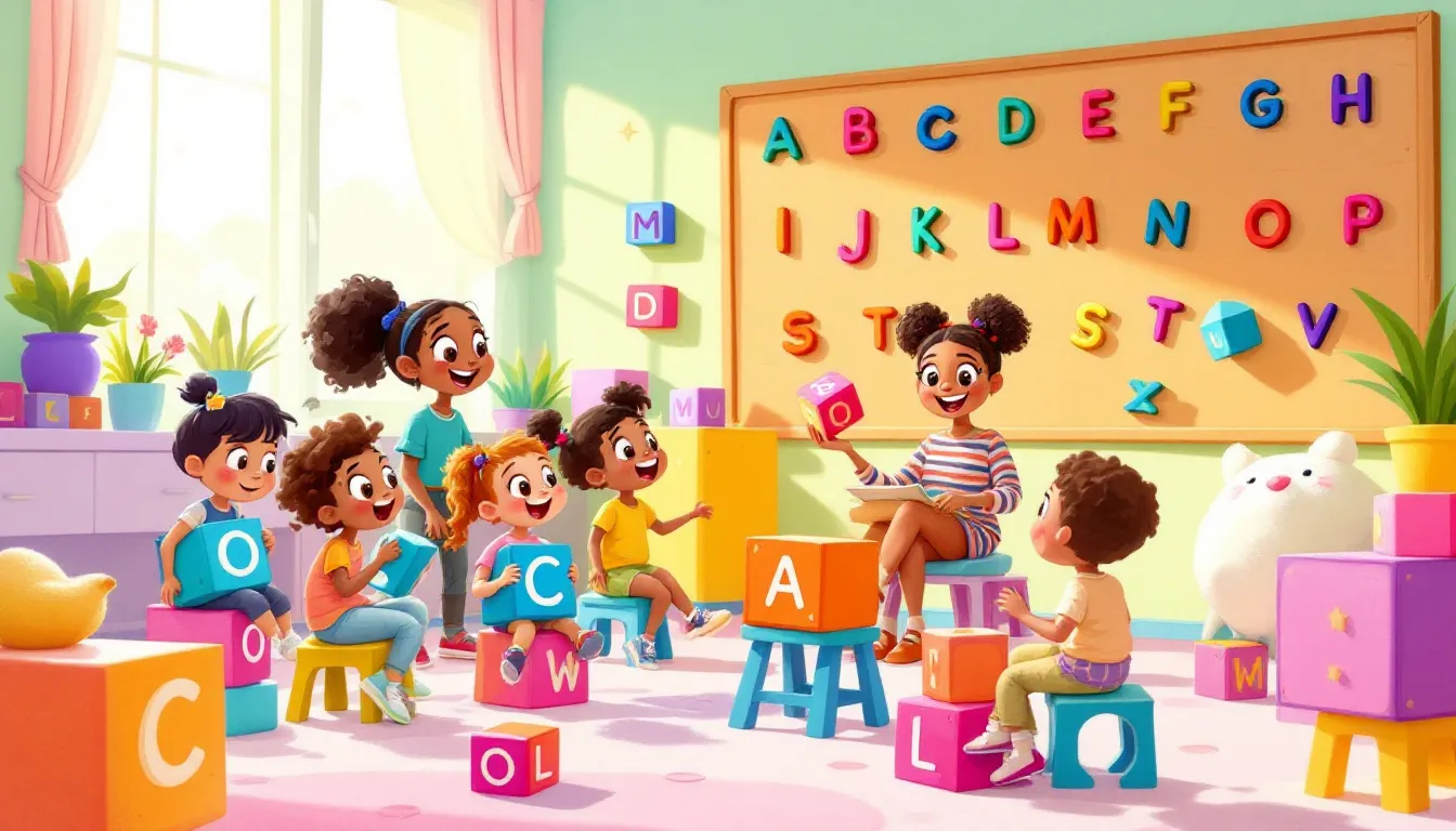 An illustration of letter sounds being taught to young children, showcasing phonics instruction.
