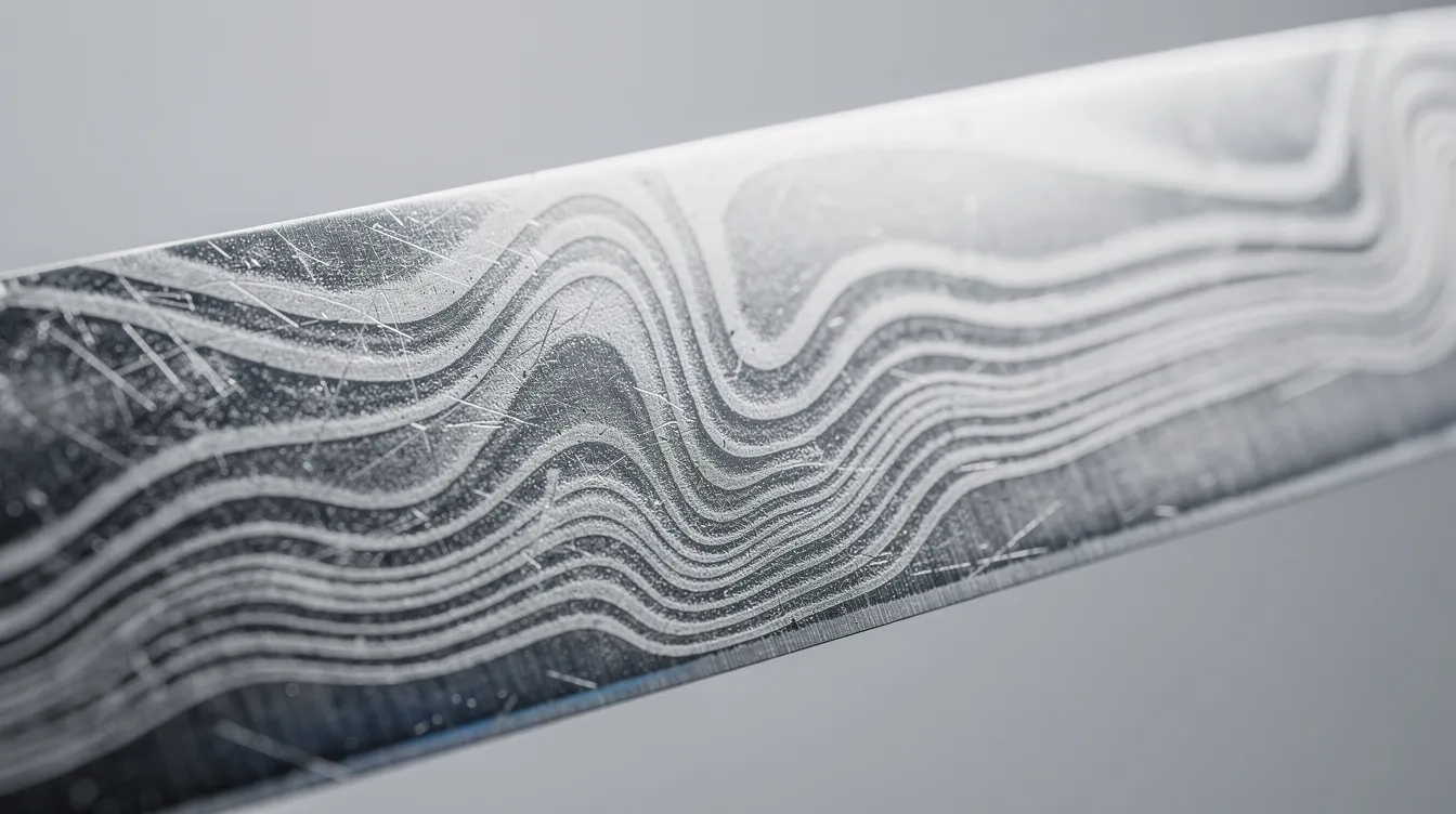 A close-up view of a Japanese knife blade showcases the intricate Damascus pattern, highlighting the craftsmanship of traditional high carbon steels. The razor-sharp edge and unique design reflect the quality of popular Japanese kitchen knives, ideal for precise slicing and enhancing the cooking experience.