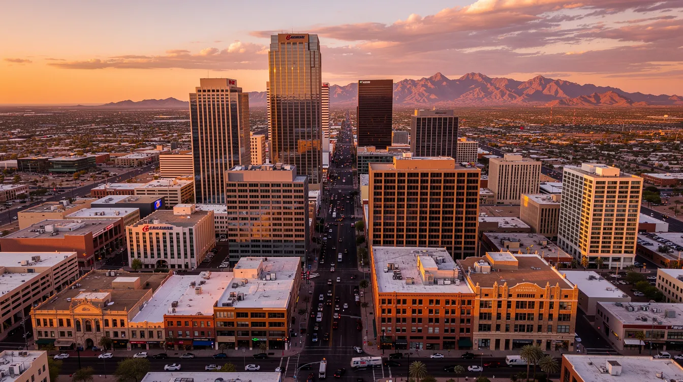 An aerial view captures the vibrant downtown skyline of Phoenix, Arizona at sunset, with the silhouettes of mountains in the background. This image reflects the dynamic spirit of the city, a hub for entrepreneurs and innovation, where networking events and local gatherings foster community and support for startups.