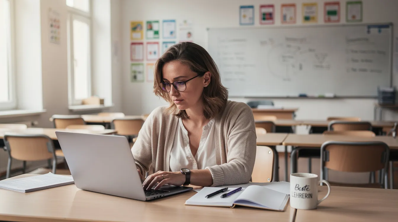 Eine Lehrerin sitzt konzentriert an einem Laptop in einem hellen Klassenzimmer und arbeitet an den Inhalten der Lernplattform. Um sie herum sind Schulmaterialien und ein QR-Code an der Wand, der den Schülern den Zugang zu Informationen und Funktionen der Plattform erleichtert.