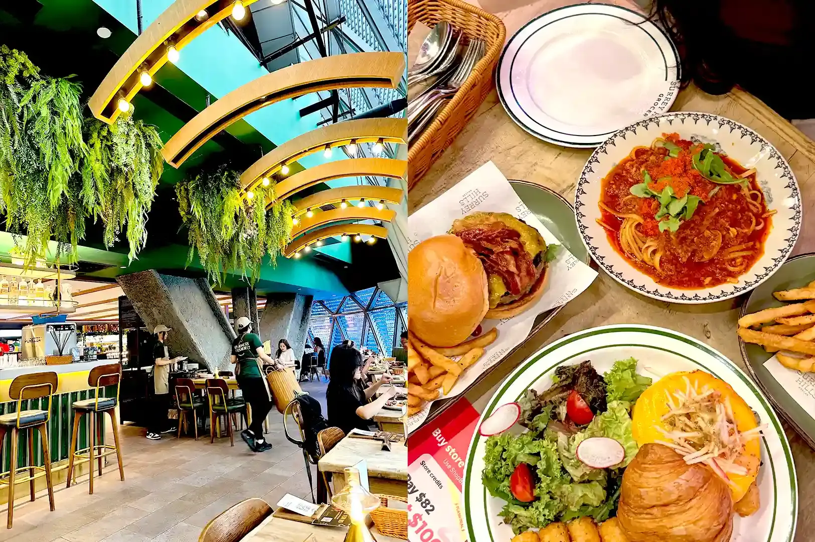 Surrey Hills Grocer interior with lush hanging foliage and a table spread of gourmet brunch dishes and pasta in Singapore.