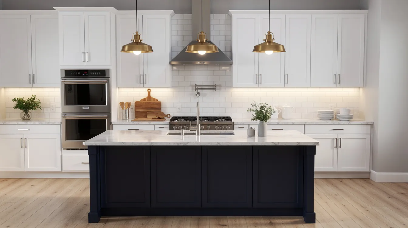 The image features a stylish two-tone kitchen with a dark navy island serving as a focal point, complemented by white perimeter cabinets and warm pendant lighting overhead. This dream kitchen design showcases an open concept layout, ideal for meal preparation and entertaining, with ample additional counter space for convenience.