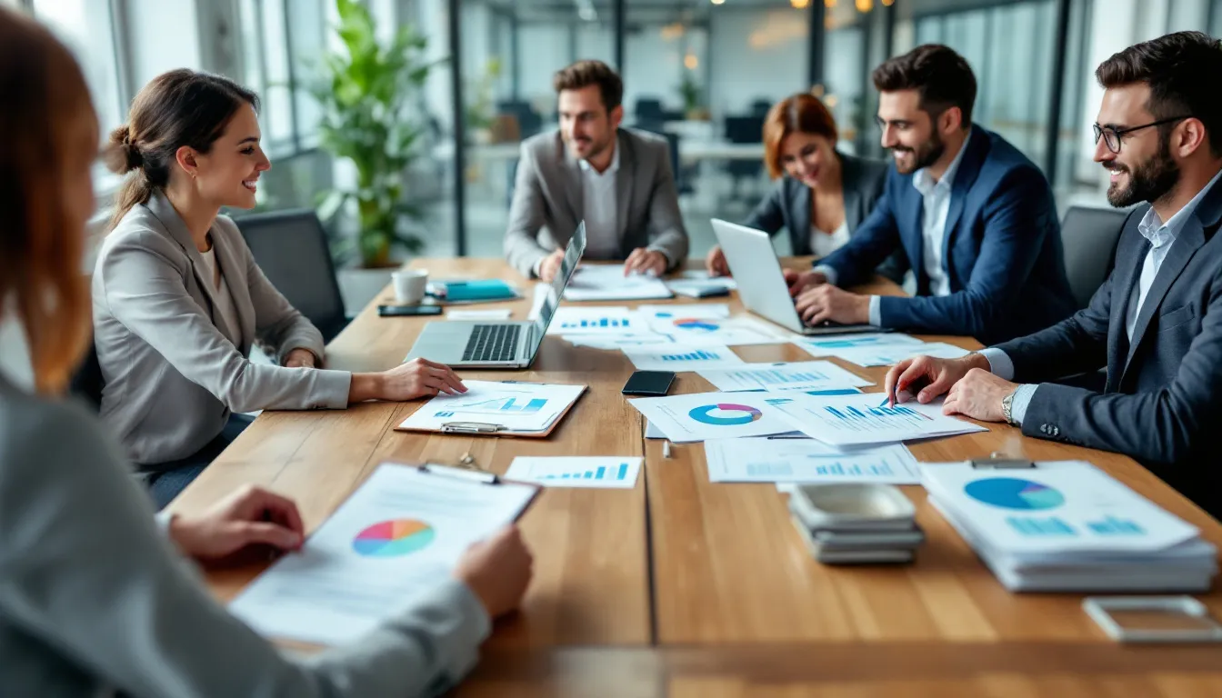 Uma equipe de profissionais está reunida em torno de uma mesa, analisando documentos e gráficos relacionados à avaliação de marcas e ativos intangíveis. Eles discutem questões como valor de mercado, fluxo de caixa e projeções econômico-financeiras, enquanto trabalham em estratégias para otimizar a rentabilidade e o posicionamento de suas empresas.