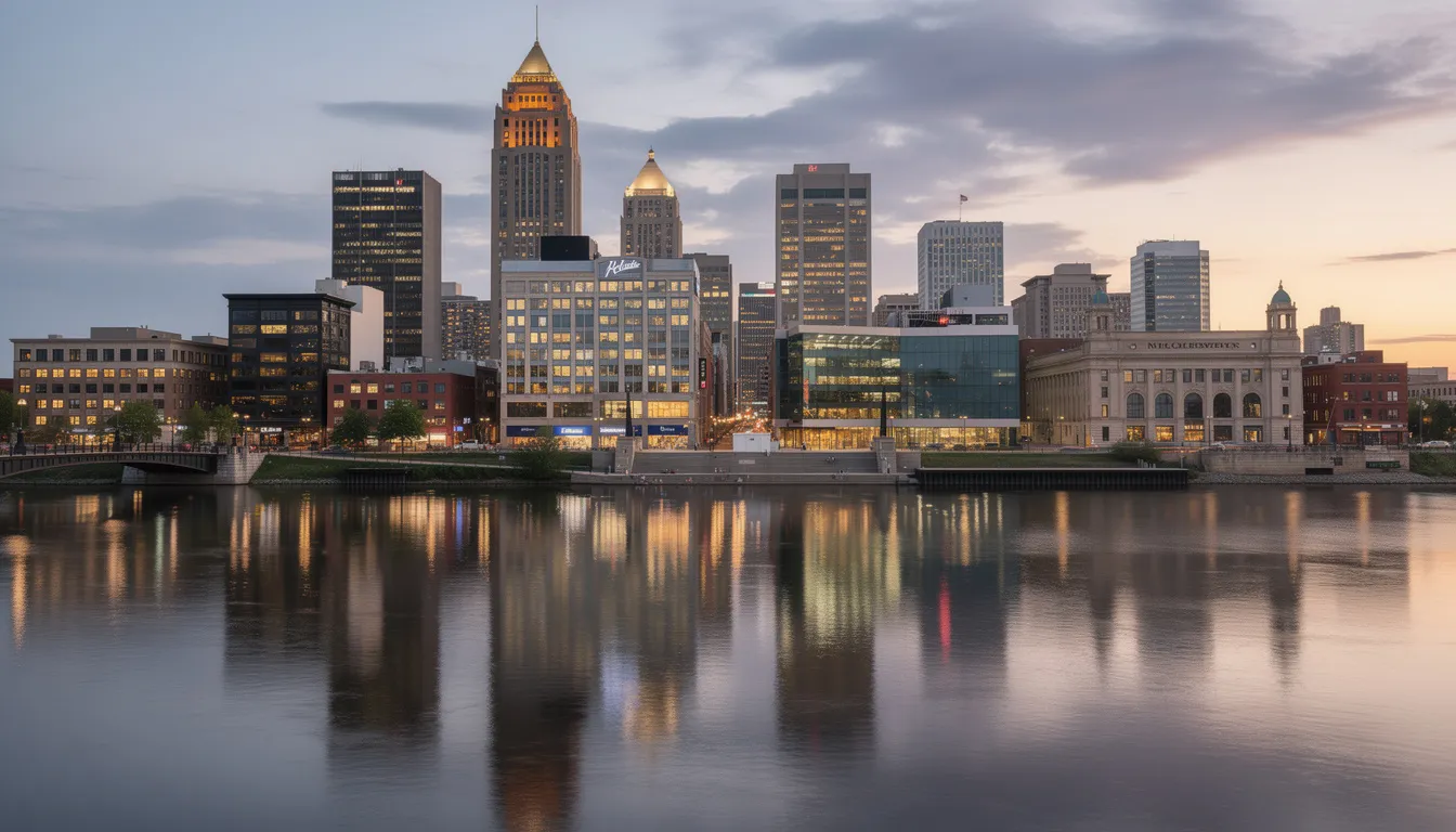 The image depicts a panoramic view of the Milwaukee skyline, showcasing various commercial buildings standing tall along the riverbank, with the water reflecting the city's architectural diversity. This vibrant urban landscape highlights the blend of industrial and modern structures, representing the commercial properties that contribute to Milwaukee's dynamic atmosphere.