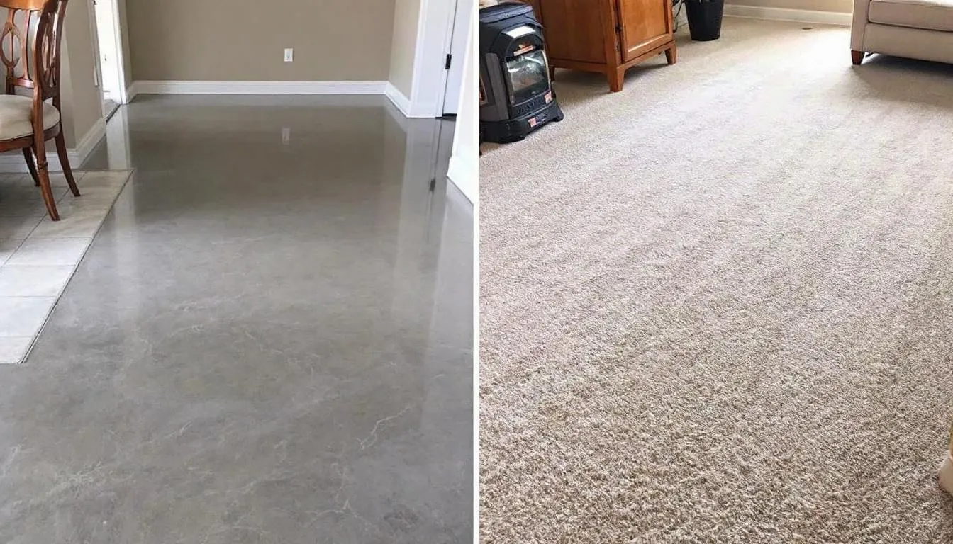 The image compares polished concrete floors and carpet in a residential setting, showcasing the sleek, polished finish of the concrete alongside the soft texture of the carpet. This visual highlights the aesthetic appeal and durability of polished concrete flooring as a cost-effective and low-maintenance flooring option against traditional carpet.