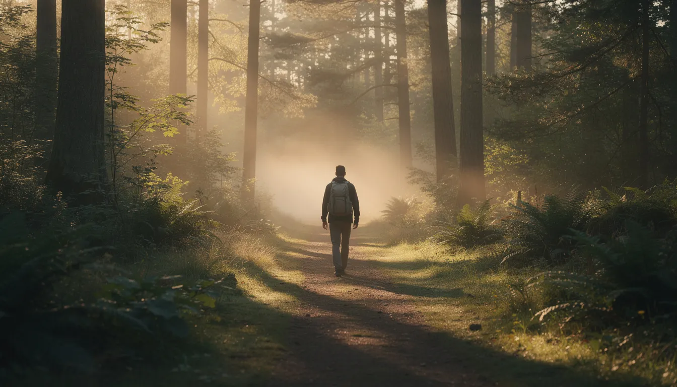 A person walks alone on a tranquil forest trail, bathed in the soft light of early morning, embodying the essence of self-care and mindfulness practices that promote mental health and support their recovery journey. This peaceful scene reflects the importance of healthy habits and emotional well-being in maintaining sobriety and managing stress.
