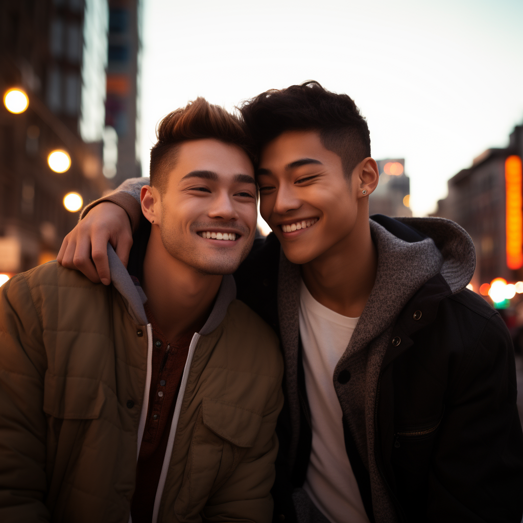 Gay Asian couple in New York City radiating happiness after completing couples therapy at Loving at Your Best Marriage and Couples Counseling.