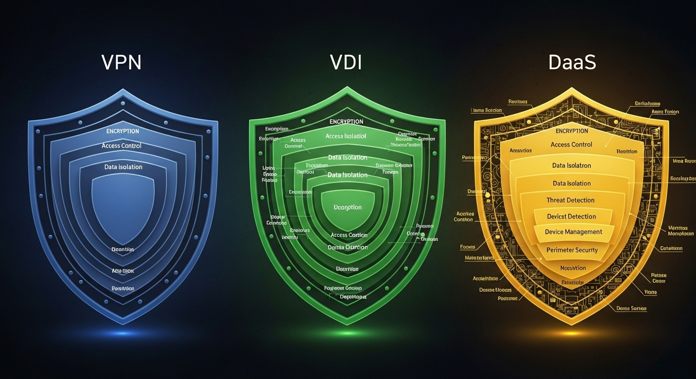Shield-based visualization comparing security layers across VPN, VDI, and DaaS with different levels of protection.