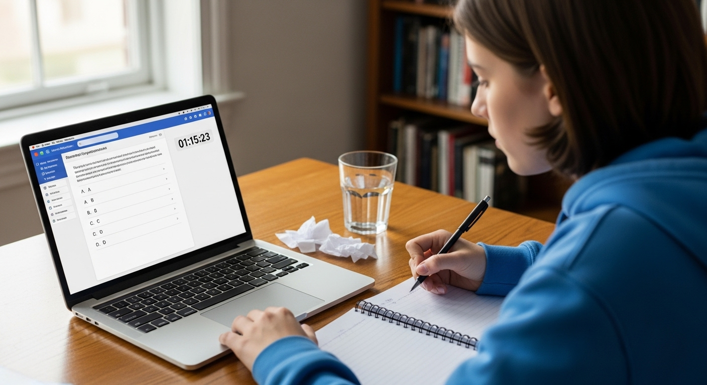 Student taking the digital SAT on a laptop with no essay section visible on the interface.