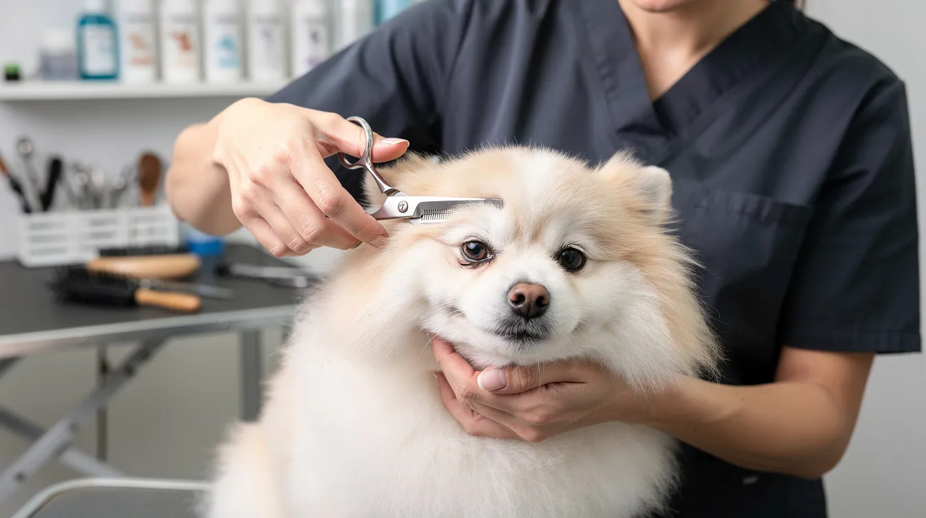 A professional groomer is gently trimming the face of a fluffy dog with scissors, focusing on maintaining the dog's coat type while ensuring the dog's skin remains healthy. The groomer uses careful techniques to remove dead hair and avoid any irritation, showcasing the importance of regular grooming for longhaired breeds.