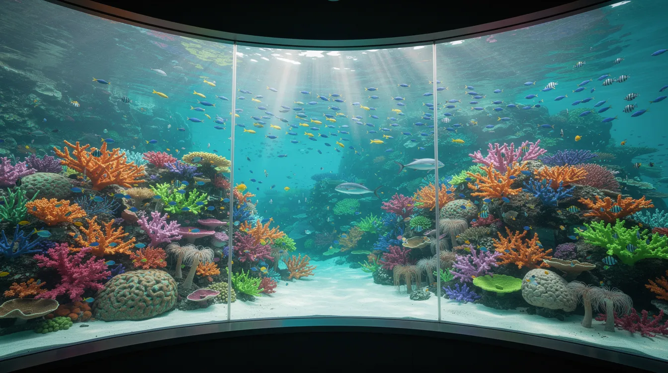 Imagem de uma vista panorâmica de um aquário marinho tropical, mostrando águas cristalinas e recifes coloridos, repletos de vida marinha vibrante. A cena evoca a beleza das ilhas do Caribe, como Curaçao, com suas paisagens deslumbrantes e rica biodiversidade marinha.