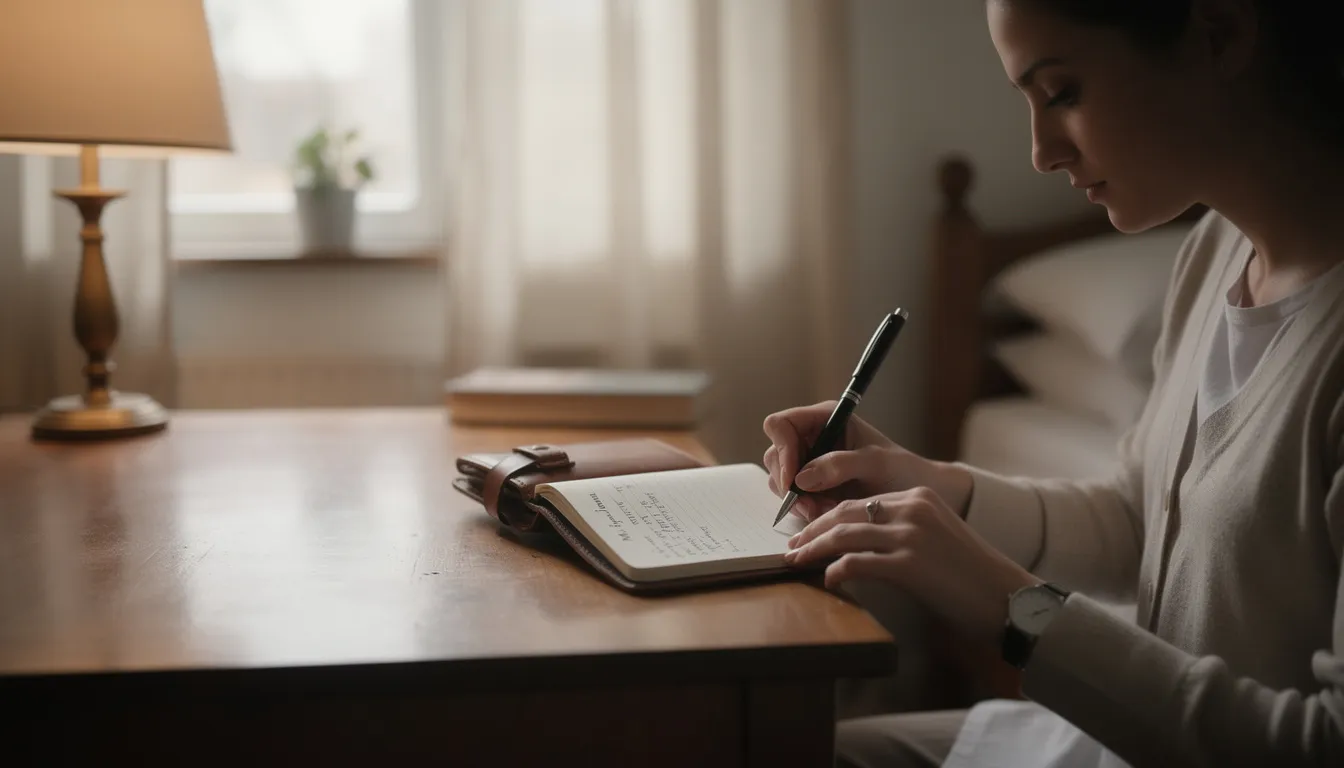 Une femme est assise à une table, en train de noter des informations dans son journal intime, probablement liées à son cycle menstruel. Elle semble concentrée, réfléchissant à des méthodes pour déclencher ses règles ou à des remèdes de grand-mère pour mieux gérer son bien-être.