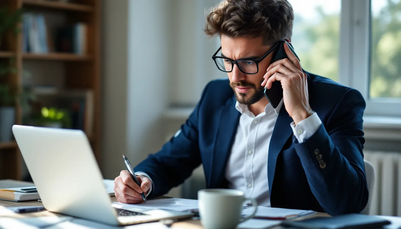 A person is making a call while taking notes, possibly to contact Verizon customer support for assistance with their account or services. The individual appears focused, with a phone in one hand and a notepad in the other, ready to jot down important details.