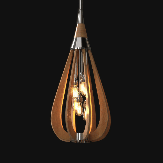 Modern pendant light with a sleek, teardrop-shaped wooden frame and exposed light bulbs, accented with chrome details.