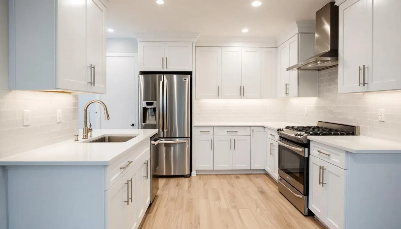 The image depicts a modern renovated kitchen featuring white shaker cabinets, elegant quartz countertops, and sleek stainless steel appliances, creating a bright and airy space perfect for easy Florida living. This immaculate condo, centrally located, combines style and functionality, ideal for residents who enjoy the welcoming and active lifestyle of Naples.