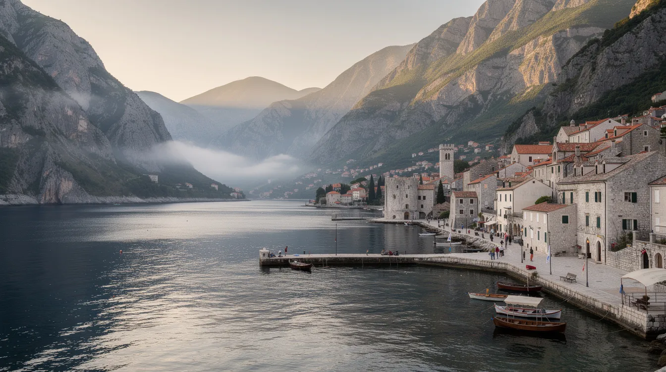 Imagem de uma baía tranquila cercada por imponentes montanhas, com uma cidade antiga charmosa à beira d'água, destacando-se suas construções históricas. Este destino encantador é ideal para quem busca experiências culturais e naturais em suas viagens.