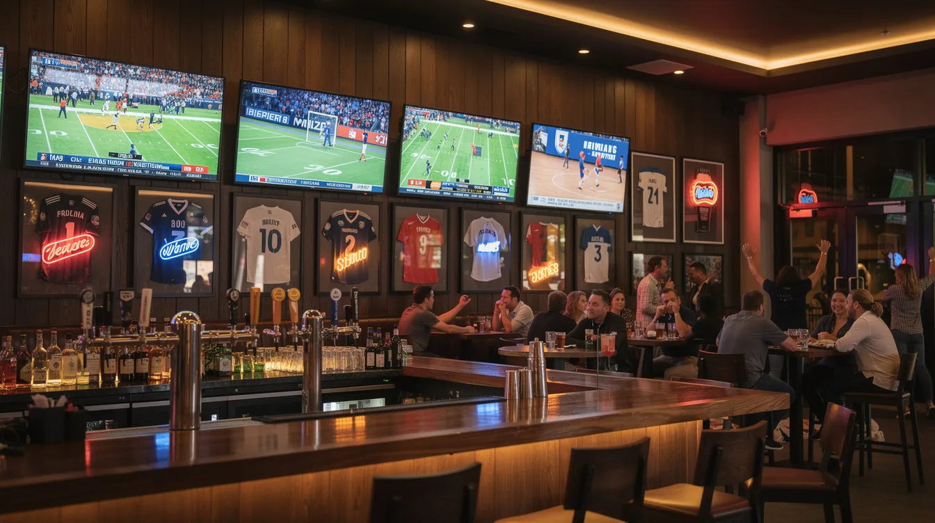 The image depicts the lively interior of a sports bar, featuring multiple flat screen TVs mounted on the walls, all showcasing various sports events. This vibrant atmosphere is perfect for fans looking to enjoy their favorite games while considering professional DSTV installation services for optimal viewing experiences.
