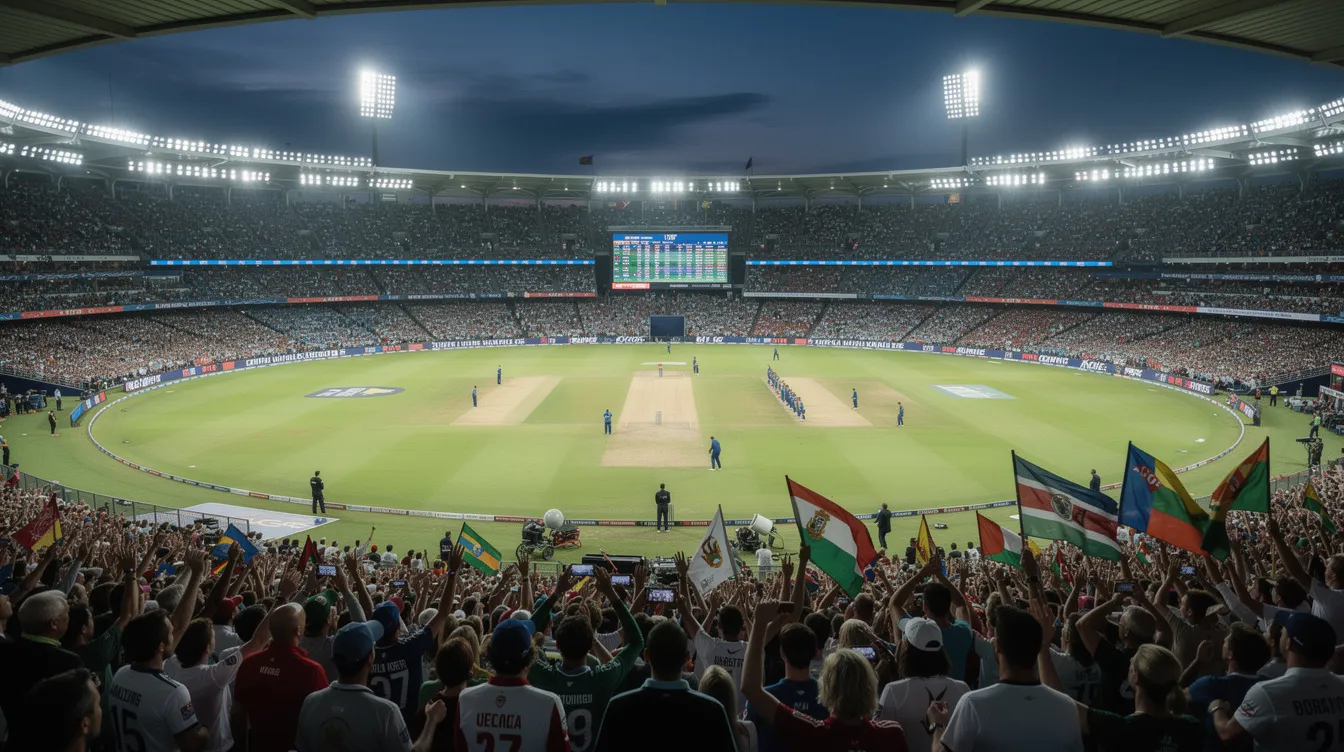 A vibrant cricket stadium is packed with enthusiastic spectators, all focused on an international match taking place under bright floodlights. The atmosphere is electric as fans cheer for their favorite teams, capturing key moments of live action in this thrilling cricket event.