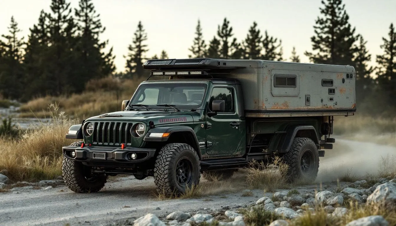 The image features a Jeep Gladiator equipped with a camper shell mounted on its truck bed, set against a scenic outdoor backdrop. The truck cap showcases rugged durability and functional design, ideal for off-roading adventures and outdoor experiences, while the integrated third brake light and rear hatch enhance its practicality.