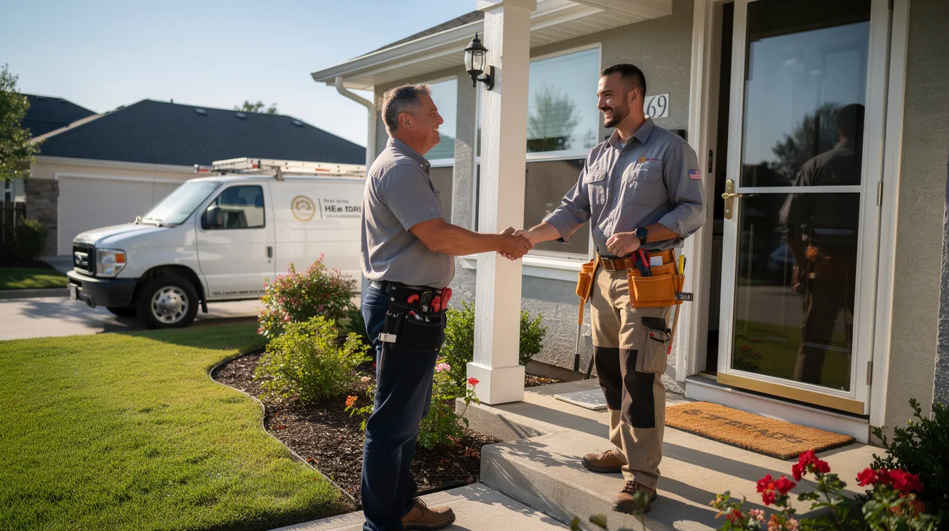 A happy homeowner is shaking hands with an HVAC technician at their front door on a sunny day, symbolizing a successful partnership for HVAC services. This moment highlights the importance of trust in the HVAC industry and the value of local search optimization for connecting customers with reliable HVAC contractors.