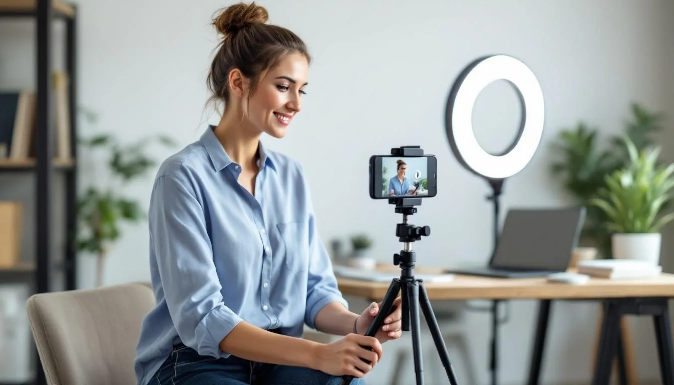 A local business owner is filming high-quality video content using a smartphone mounted on a tripod, focusing on creating engaging material for their audience. This professional setup aims to enhance their marketing strategy and build trust through effective video marketing on platforms like social media and their website.