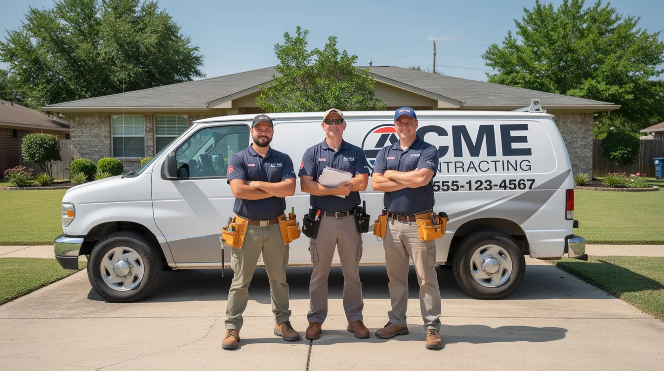 A contractor team of three people stands together in front of a branded white work van parked in a residential driveway, showcasing their professional presence in the local market. This image highlights the importance of local SEO for contractors, emphasizing their role in providing services to local customers.