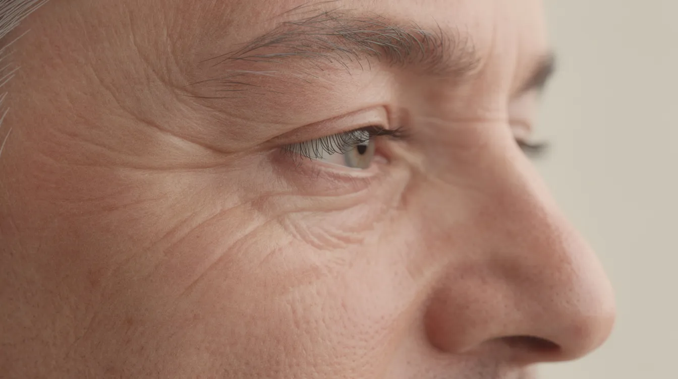 The image shows a side view of a mature man's eye area, highlighting the natural eyelid crease and brow position, indicative of a youthful appearance. This perspective can be relevant for discussions on male blepharoplasty and cosmetic eyelid surgery, showcasing the effects of aging such as excess skin and dark circles.