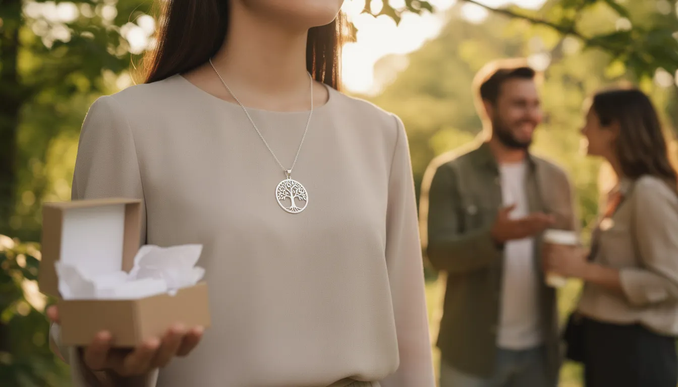 The image features a stunning sterling silver tree of life necklace, showcasing intricate branches and leaves that symbolize growth, wisdom, and the connection between all living things. This elegant piece of life jewellery serves as a meaningful gift for nature lovers, adding sophistication to any outfit while inviting conversations about its deep symbolism.