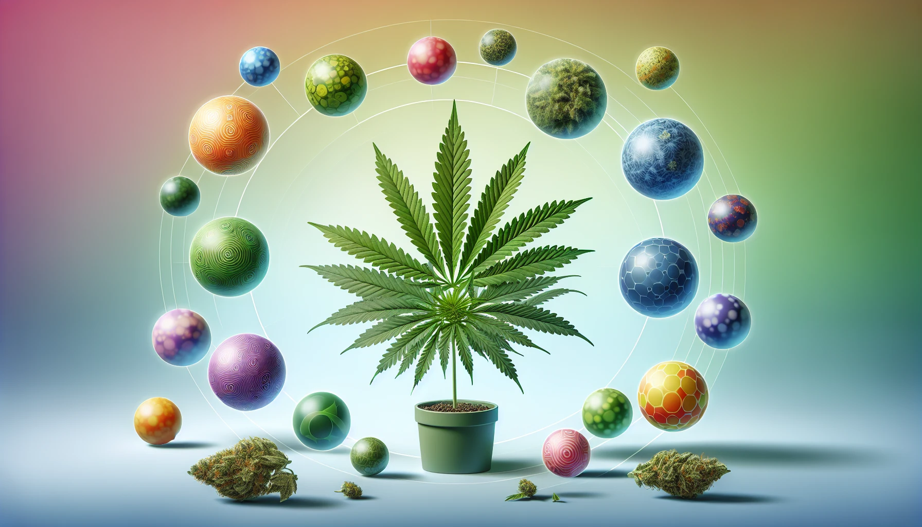 Illustration of cannabis plant and various terpenes
