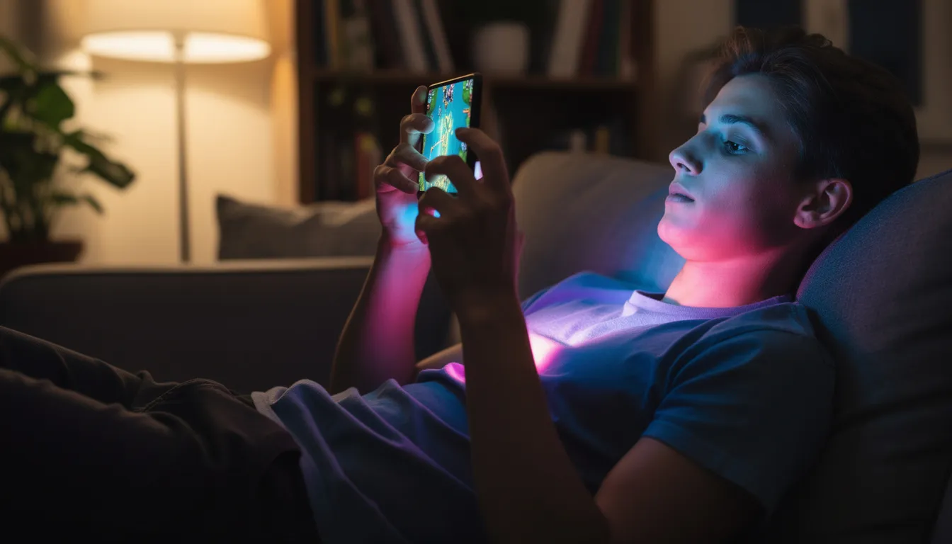 A person at home comfortably playing colorful online slots on their smartphone.