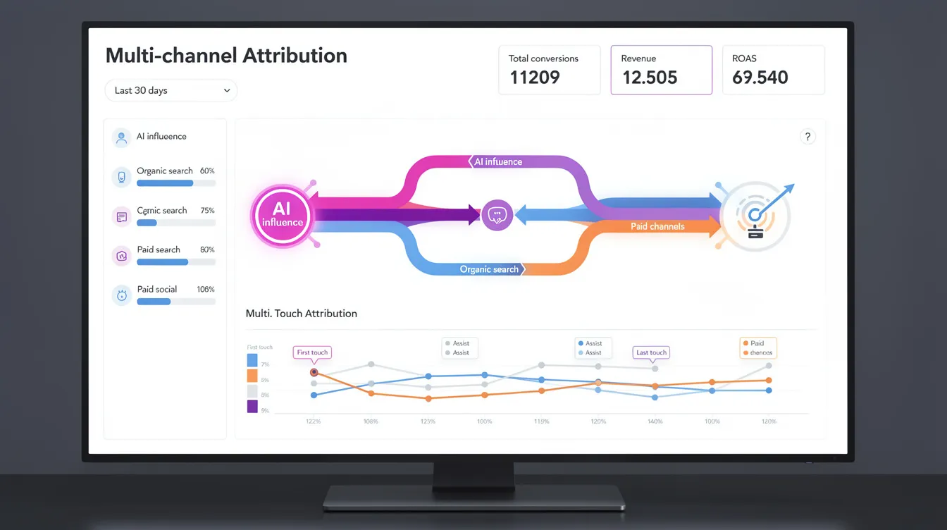 The image depicts a multi-channel attribution dashboard that highlights the influence of AI tools alongside traditional organic search and paid channels. It visually represents the pathways of AI search engines, traditional SEO efforts, and their impact on website traffic and customer lifetime value.