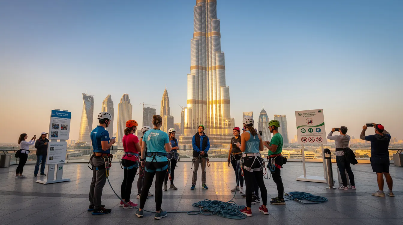 A imagem mostra turistas escalando o Burj Khalifa, o edifício mais alto do mundo, localizado em Dubai, nos Emirados Árabes Unidos. O cenário destaca a impressionante arquitetura da construção e a vista panorâmica da cidade, ideal para quem busca aventura e experiências únicas em suas viagens.
