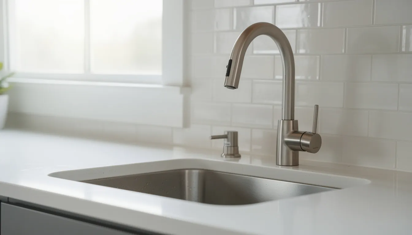 The image shows a modern kitchen sink featuring a sleek filtered water tap positioned alongside the traditional main faucet, highlighting a focus on high-quality water filtration solutions for residential use. This setup suggests an emphasis on improving drinking water quality and addressing common water problems like contaminants and hardness.