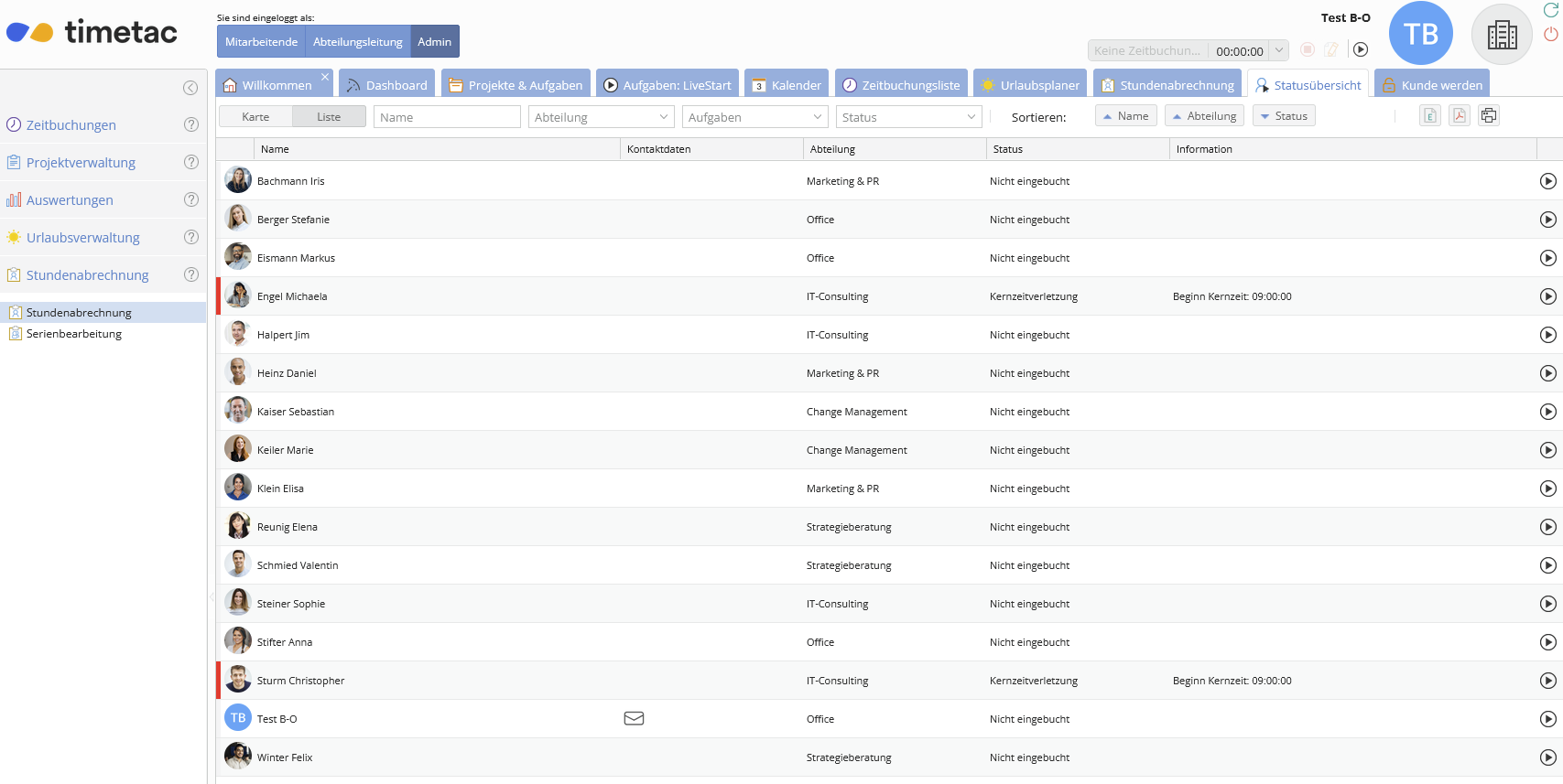 Die Mitarbeiterübersicht von Timetac