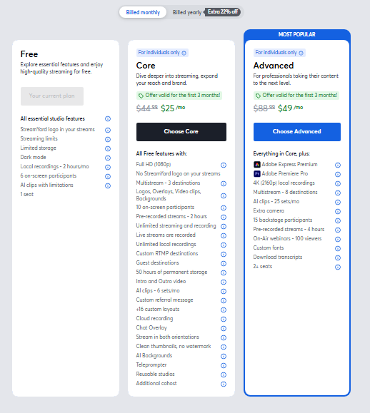 StreamYard's pricing page showing plans for Free, Core, and Advanced choices billed monthly.